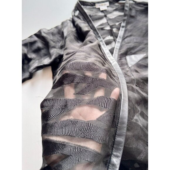 HELMUT LANG Black Sheer Silk Jacquard Leather Trim V-Neck Shirt Blouse, Size M - Picture 9 of 12